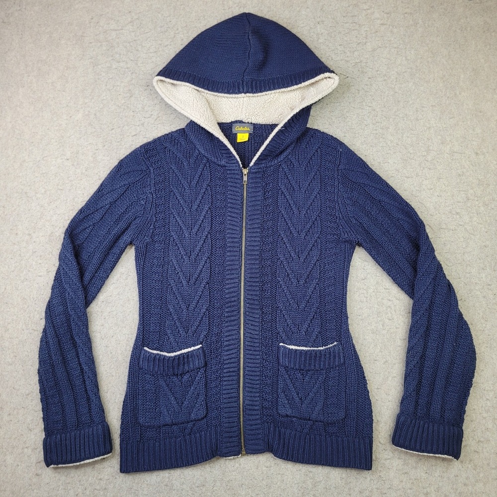 Cabelas Cable Knit Sweater Womens S Blue Sherpa Lined Hood Full‎ Zip Cardigan